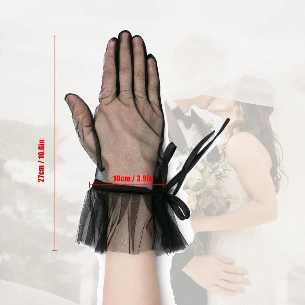 Women's Tulle Long Keeper Bow Lace Gloves Black Opera Bridal Wedding Party Tea
